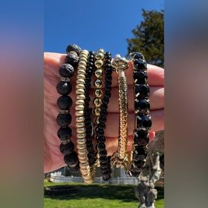 7 Black/Gold Crystal Lava Heishi Stretch Stackable Layering Bracelets